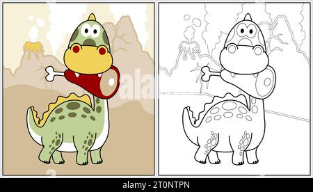 Funny dinosaur with meat in its mouth on volcanoes background, vector cartoon illustration, coloring book or page Stock Vector