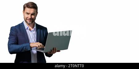 Business man working on laptop in studio. Man checking email on laptop, writing message in social network, using internet, searching information on la Stock Photo