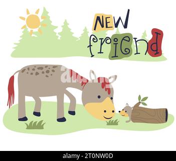 Funny horse and squirrel in forest, vector cartoon illustration Stock Vector
