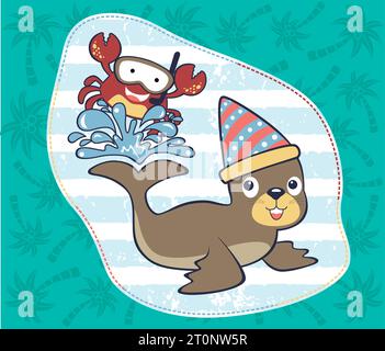 cute seal with crab on palm tree background pattern, vector cartoon illustration Stock Vector
