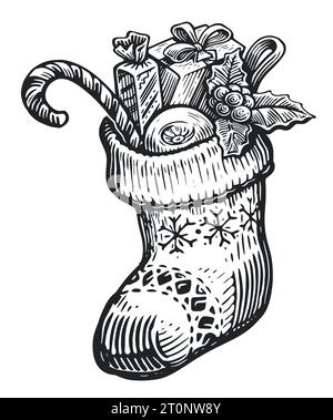 Vintage Santa stocking with candy, ball and Christmas decorations. Sketch vector illustration engraving style Stock Vector