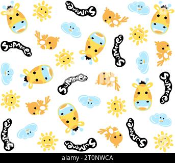 seamless vector pattern with cute animals face with sky objects Stock Vector