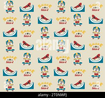 vector pattern of funny bear in skateboarding with skateboard element Stock Vector