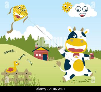 Funny cow playing kite on farmyard background, Vector cartoon illustration Stock Vector