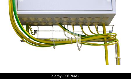 Proper cable management is essential for maintaining a large network of servers, isolated on white background. Stock Photo