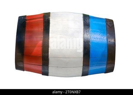 A wine barrel in the colors of the French flag, isolated on white background. Uniforms of soldiers of the middle of the 19th century during the Crimea Stock Photo