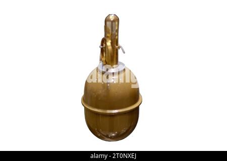 An army hand grenade used for imitation explosive effects in mock-up war games, isolated on white background. Stock Photo
