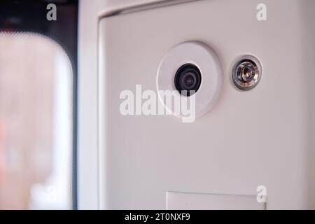 Subway security camera on the door of a passenger transport, close-up Stock Photo