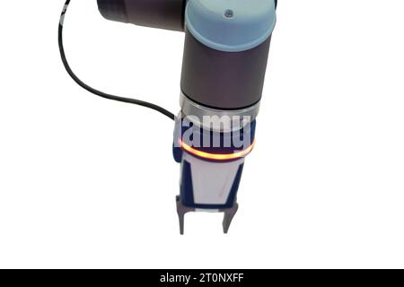 Close-up of modern robot arm, isolated on white background. Technology and innovation concept, isolated on white background. Stock Photo