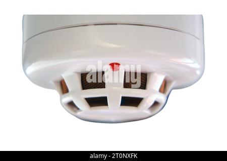 Fire alarm system on the bus, isolated on white background. Close up, isolated on white background. Selective focus, isolated on white background. Stock Photo