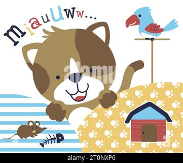 Funny cat with bird and mouse, vector cartoon illustration Stock Vector