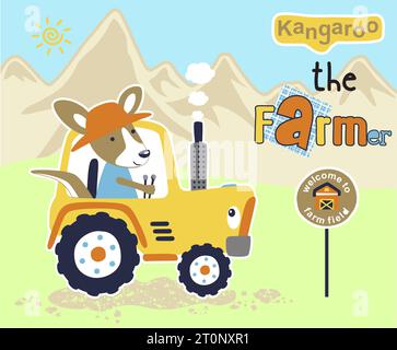 Vector cartoon of funny kangaroo driving tractor on mountain background Stock Vector