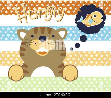 Vector illustration of cartoon funny cat with fish on footpath background pattern Stock Vector