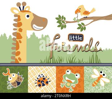 Funny giraffe with bird and bugs in forest. vector cartoon illustration Stock Vector