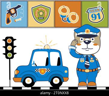 funny cat in policeman uniform with police element, cartoon vector illustration Stock Vector