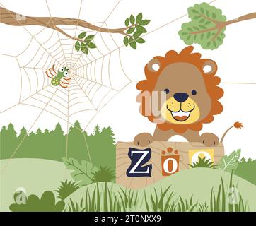 Cute lion with spider in the zoo, vector cartoon illustration Stock Vector