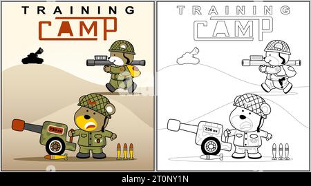 Funny bear soldier with weapon, vector cartoon illustration, coloring book or page Stock Vector