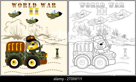 Funny bear on military truck with fighter jet in battlefield, coloring page or book, vector cartoon illustration Stock Vector