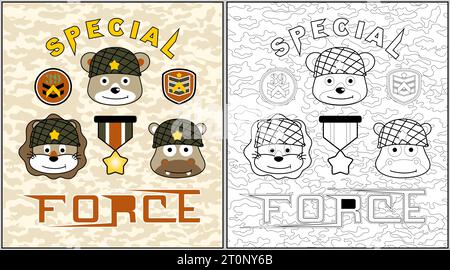 cute animals soldiers on camouflage background pattern, coloring book or page, vector cartoon illustration Stock Vector