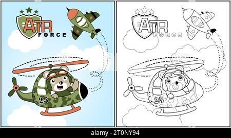 Cute bear pilot on helicopter with military airplane, coloring book or page, vector cartoon illustration Stock Vector