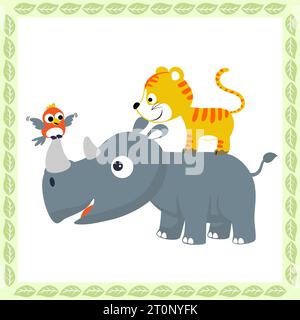 funny rhinoceros with tiger and bird in leaves frame border, vector cartoon illustration Stock Vector