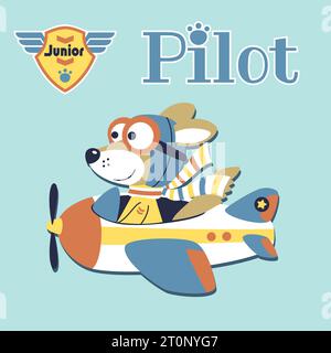 funny wolf pilot on airplane with flight logo, vector cartoon illustration Stock Vector