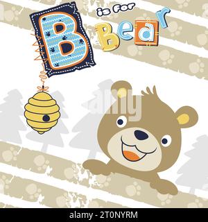 vector cartoon of cute bear with beehive on striped footprint background pattern Stock Vector
