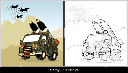 vector cartoon of military truck with missile, coloring book or page Stock Vector