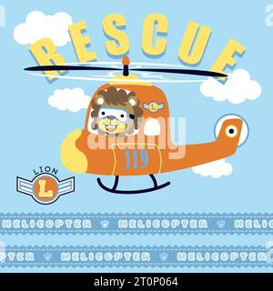 cute lion on helicopter, vector cartoon Stock Vector