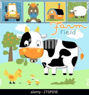 Vector illustration of funny farm animals cartoon with farming elements Stock Vector
