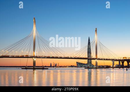 SAINT PETERSBURG, RUSSIA - MAY 29, 2018: Cable-stayed bridge and the Lakhta Center building against the sunset. Saint Petersburg Stock Photo
