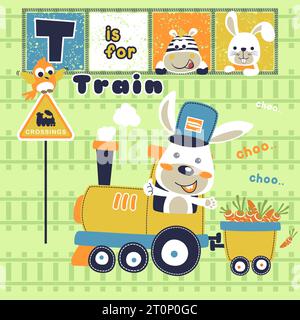 funny rabbit on steam train with friends, vector cartoon illustration Stock Vector