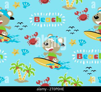vector seamless pattern of cartoon bear in surfing with beach elements Stock Vector