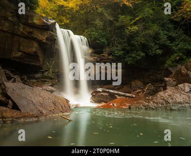 Twin cascades of Douglas Falls and calm lagoon stained with the remains of West Virginia coal mining near Thomas WV Stock Photo