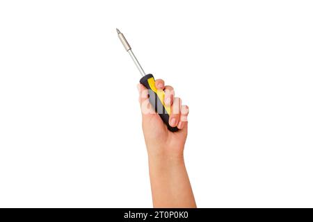 Hand with a screwdriver for repairing electrical outlets at home, isolated on a white background Stock Photo