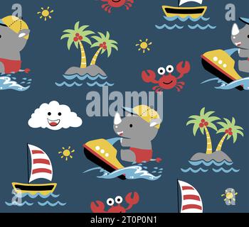 vector seamless pattern of cartoon rhino play jet ski, beach holiday elements Stock Vector