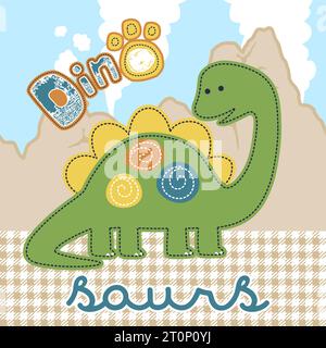 Funny dinosaur cartoon vector on volcanoes background Stock Vector