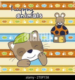 Funny cat with mouse in mushroom home on colorful striped background, vector cartoon illustration Stock Vector