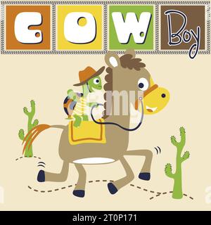 funny turtle riding horse, vector cartoon illustration Stock Vector