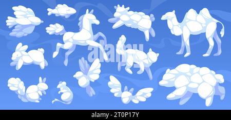 Animal shaped clouds. White cumulus clouds on blue sky, kid imagination and dreams, fluffy fauna silhouettes, rabbit, cat and mouse, abstract camel Stock Vector