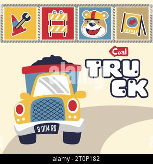 vector cartoon of truck with construction signs and funny bear face Stock Vector