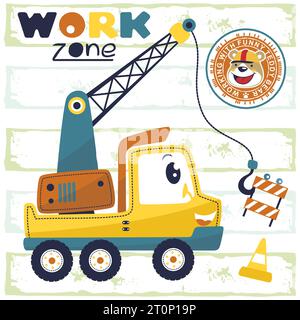 vector cartoon of funny crane truck with smiling face bear and road signs Stock Vector