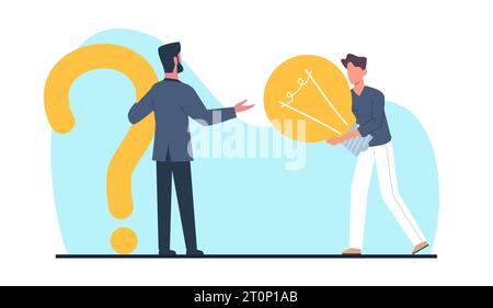 Asking question and getting answer, solving problem and finding solution. Man hold huge light blub. FAQ service. Businessman ask for reply or idea Stock Vector
