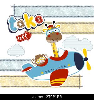 cute giraffe with monkey on airplane, vector cartoon vector Stock Vector