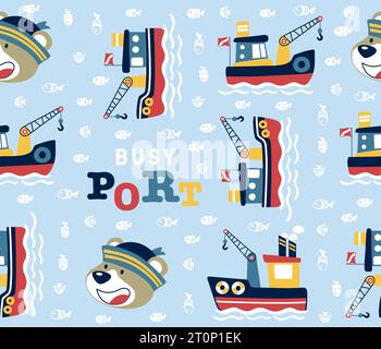 seamless pattern vector of cartoon boats with funny bear and fish Stock Vector