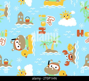 seamless pattern vector of cartoon hippo on duck swim ring with summer beach holiday elements Stock Vector