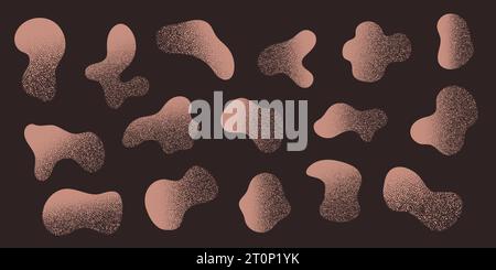 Beige Amoeba blob with gritty texture, organic abstract shape. Set of Liquid amorphous shapes, fluid blotch collection. Dust grain gradient on dark background. Stock Vector