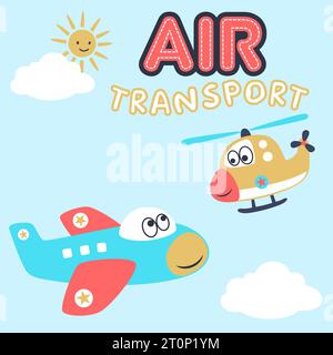 funny air transport cartoon, airplane with helicopter on air Stock Vector