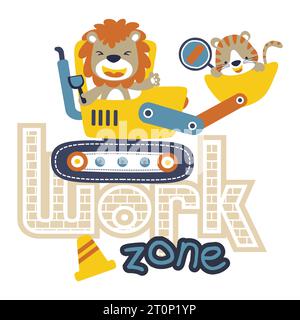 vector cartoon of funny lion with tiger on construction vehicle Stock Vector