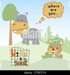 Funny cartoon of hippo and bear playing hide and seek in jungle Stock Vector